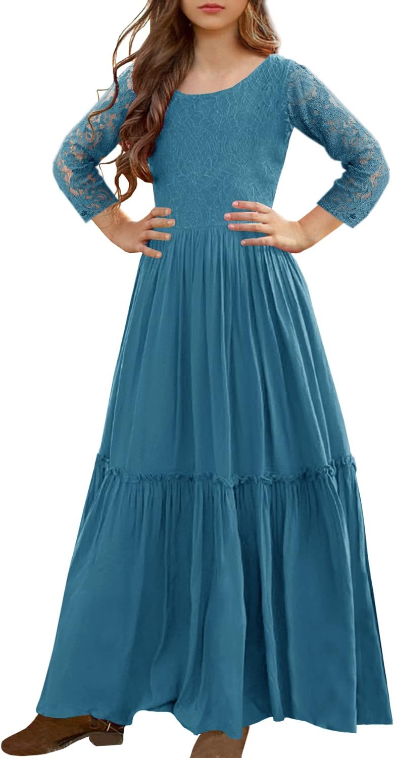 MITILLY Girls Lace Flower Ruffle Sleeve A-Line Swing Wedding Party Maxi Dress wi...