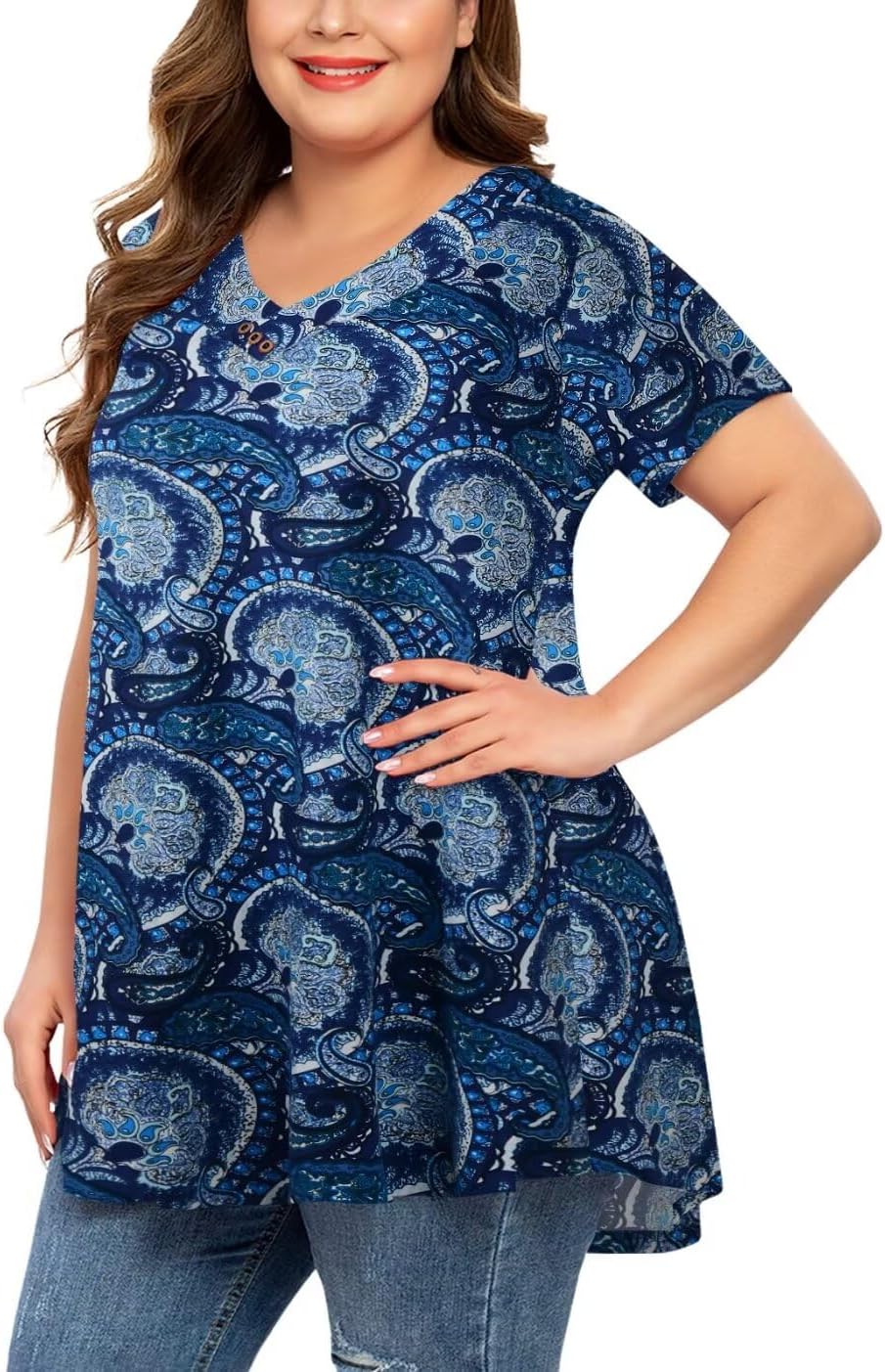 MONNURO Womens Plus Size Short Sleeve V Neck Button Basic Tunic Tops Summer Swin...