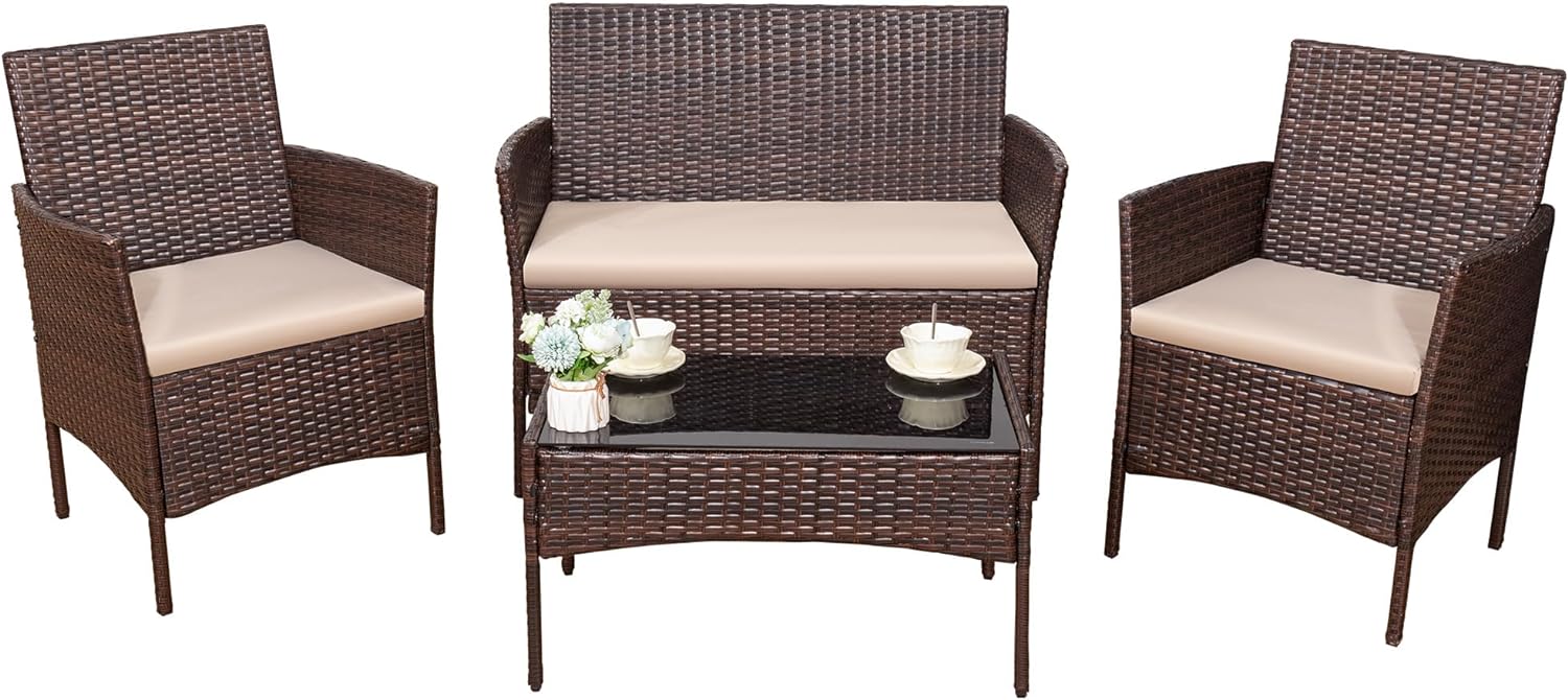 Devoko 4 Pieces Outdoor Patio Furniture Set, PE Rattan Wicker Chairs Balcony Law...