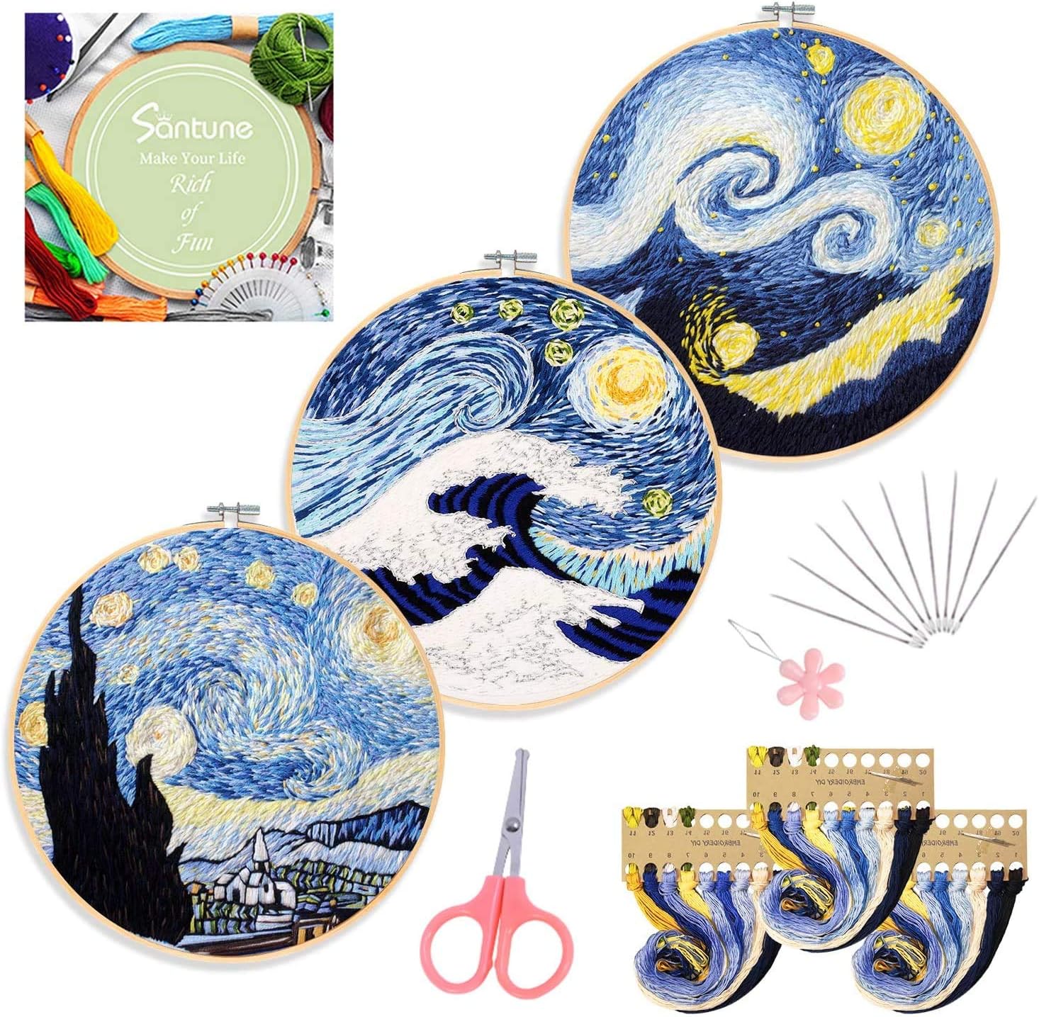 Santune 3 Sets Embroidery Starter Kit with Pattern and Instructions, Cross Stitc...