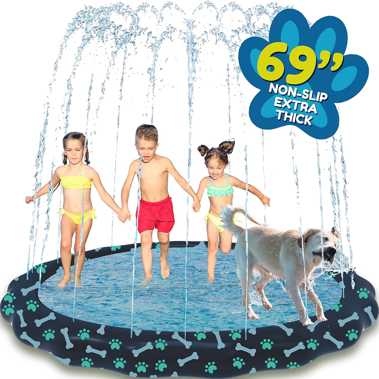 SplashEZ Non Slip Splash Pad for Kids and Dogs, 69’’ Extra Large Sprinkler Kids,...
