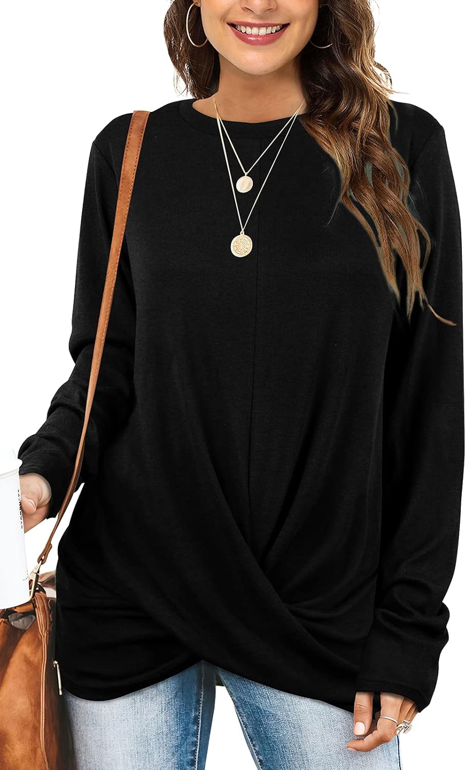 Jescakoo Tunic Tops For Leggings For Women Twist Front Long Sleeve Crew Neck Shi...