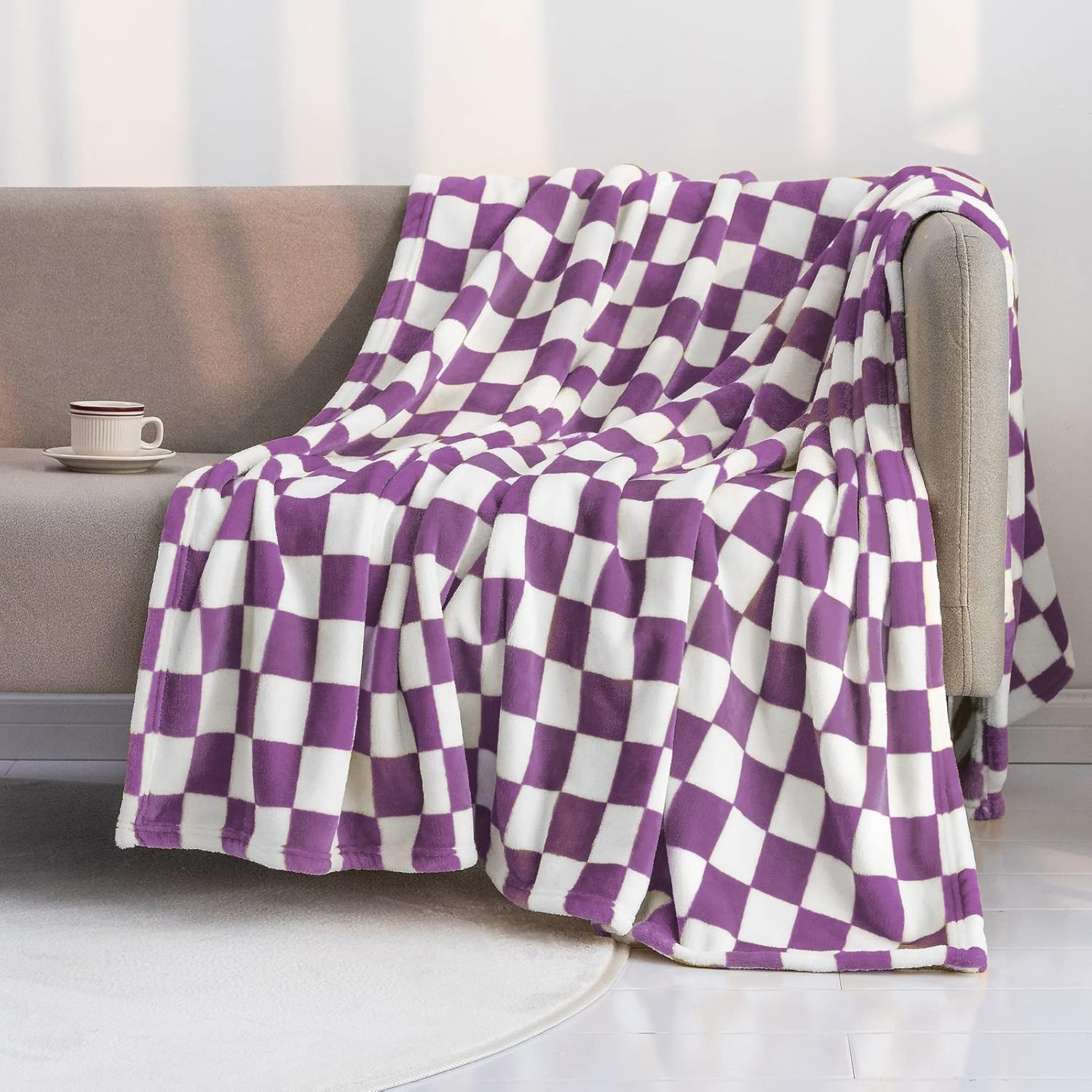 LOMAO Throw Blankets Flannel Blanket with Checkerboard Grid Pattern Soft Throw B...