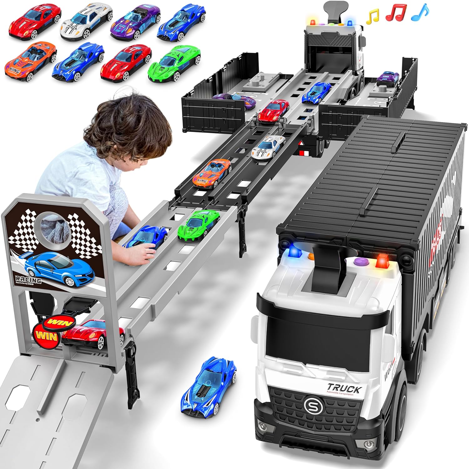 Carrier Truck Race Track Boys Toys, Foldable 3 Layer Car Race Track Playset, Toy...