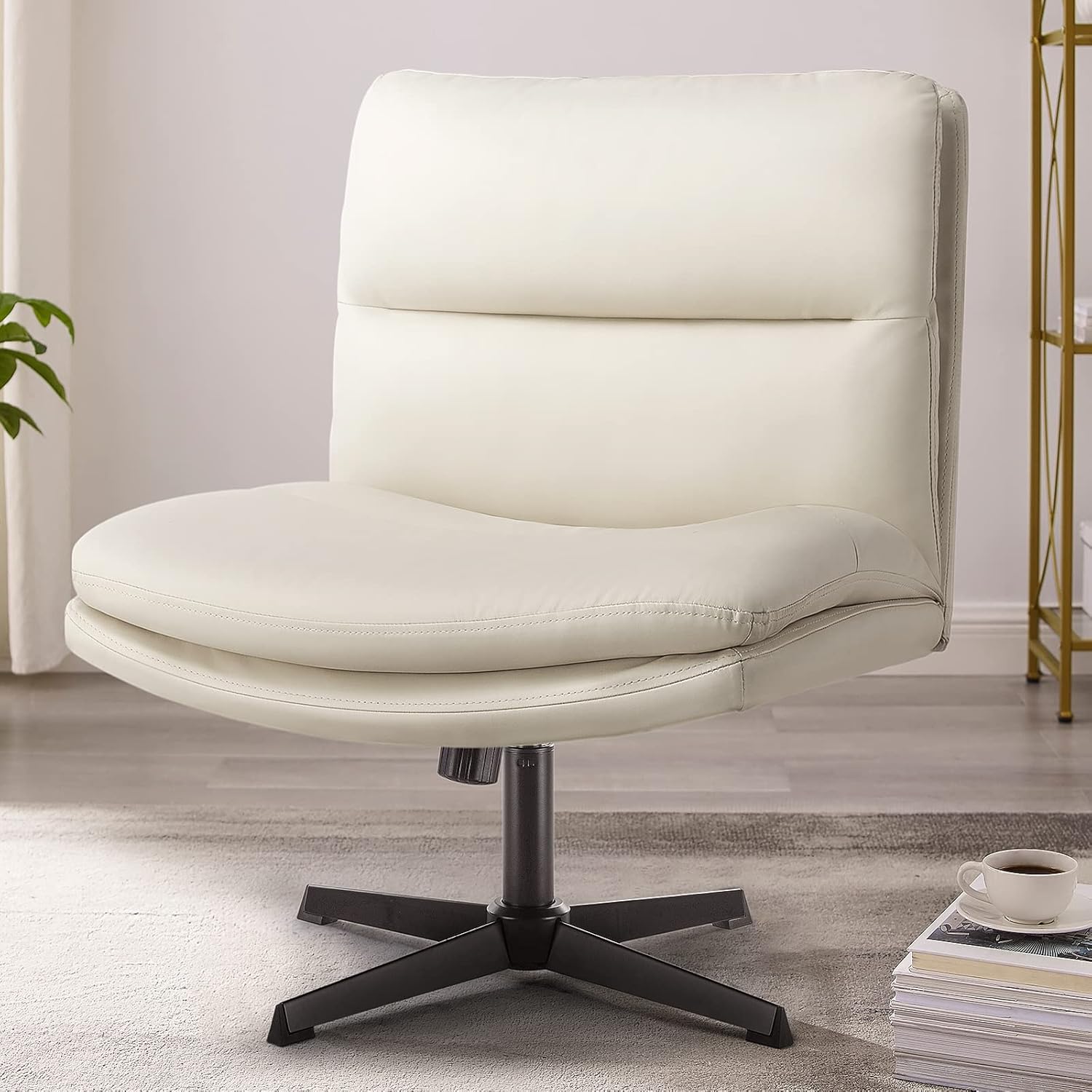 PUKAMI Criss Cross Legged Office Chair,Armless Office Desk Chair No Wheels,PU Le...