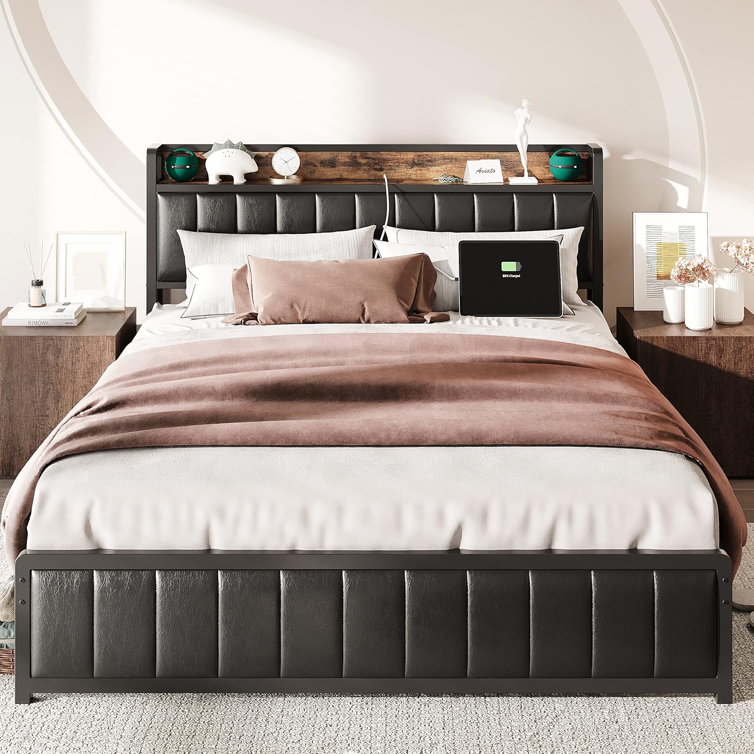 ANCTOR Full Bed Frame with Storage Headboard & Footboard, Upholstered Platform B...