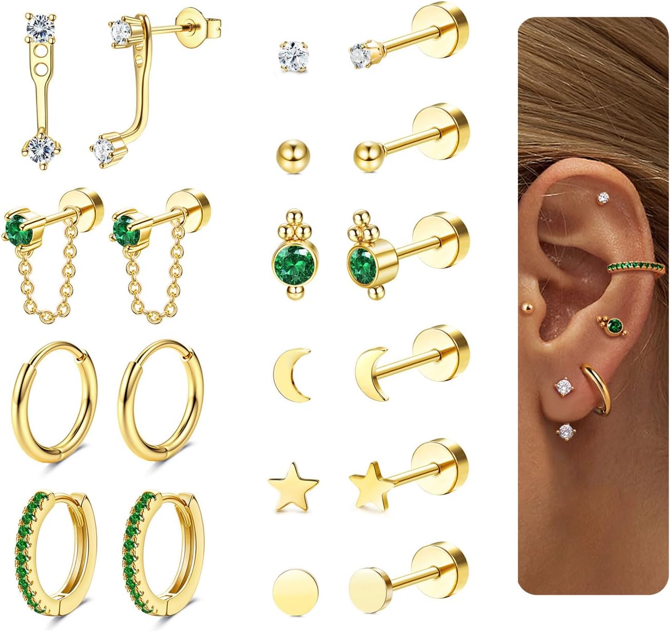 Dainty Gold Flat Back Earrings Hypoallergenic Cartilage Earring Sets for Multipl...