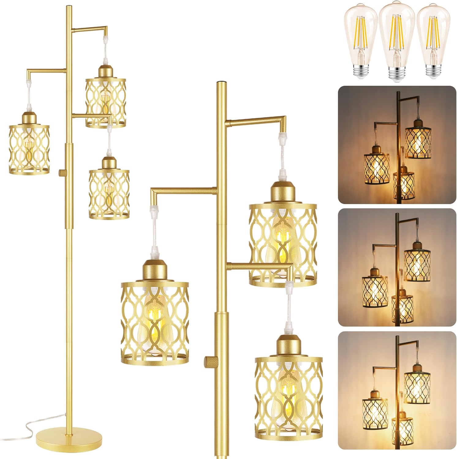 68" Gold Floor Lamp, Dimmable Industrial Floor Lamps for Living Room, 3 Light Ru...