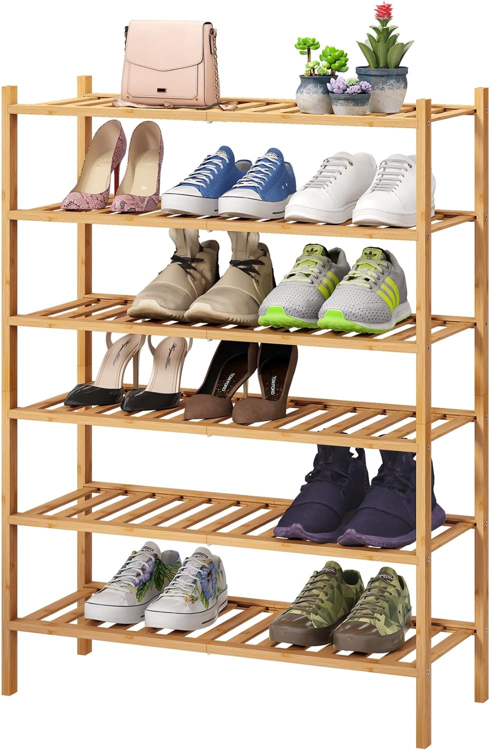 6-Tier Bamboo Shoe Rack for Entryway, Stackable | Foldable | Natural, Shoe Organ...