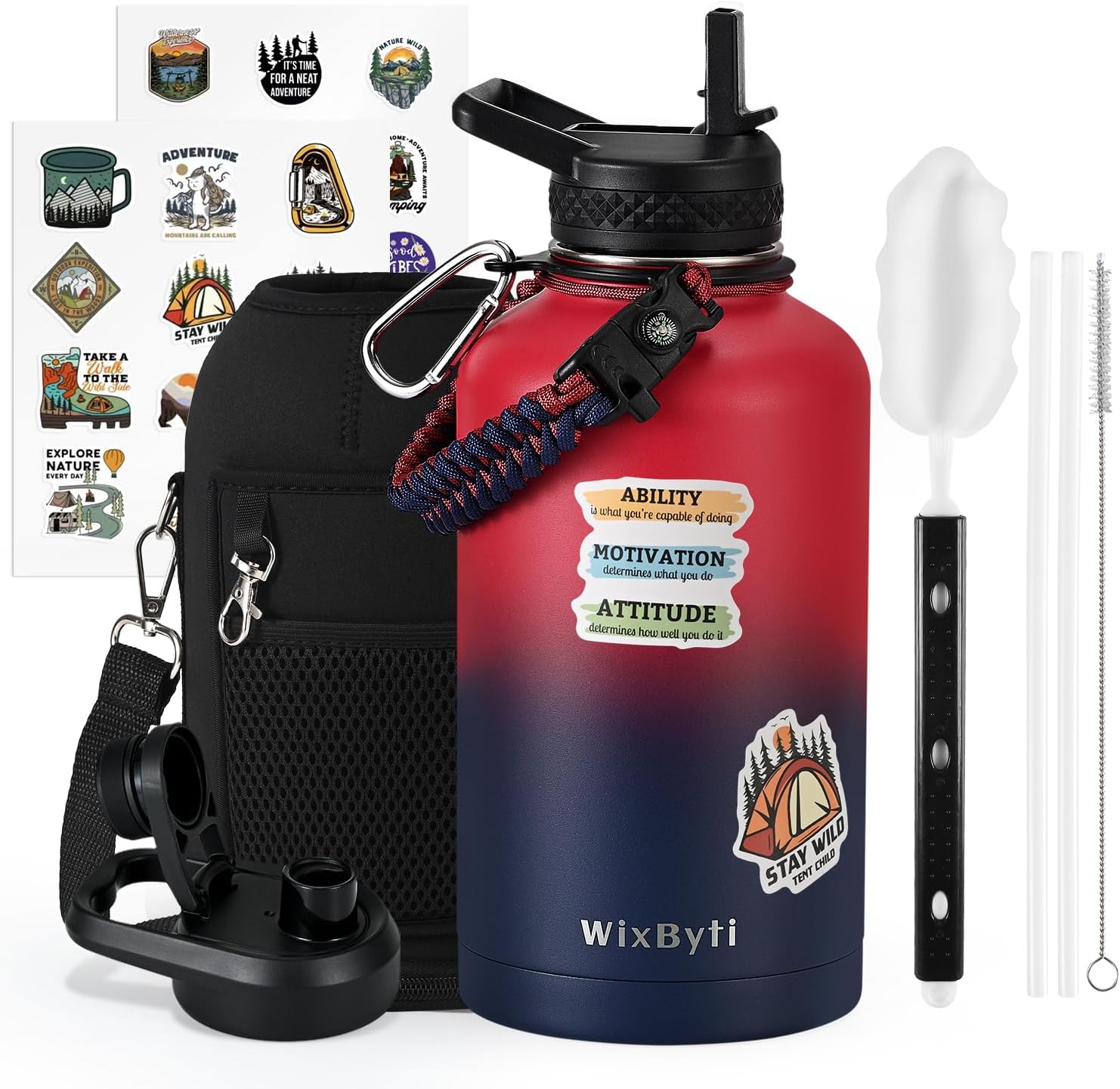 64 oz Insulated Water Bottle with Straw (Cold for 48 Hrs), Half Gallon Stainless...