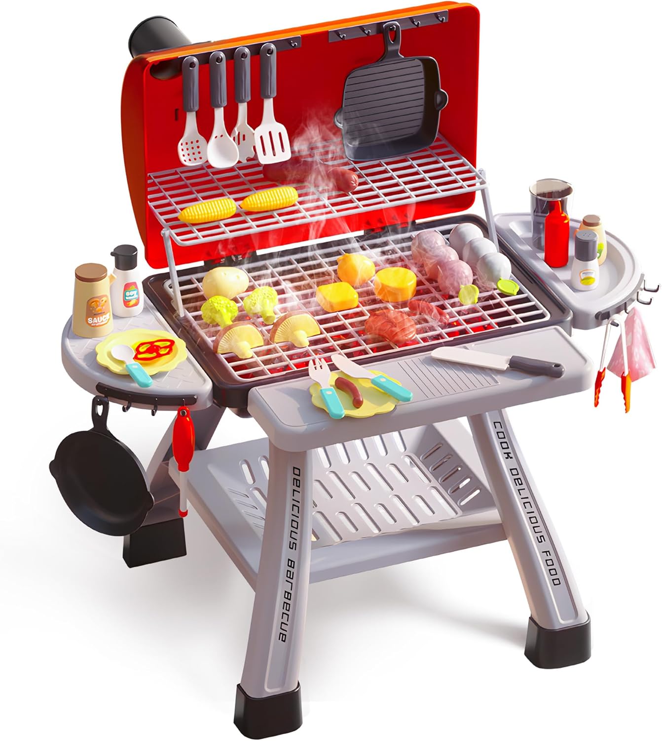 CUTE STONE Kids BBQ Grill Playset, Kitchen Toy Set, Realistic Smoke Toy BBQ Gril...