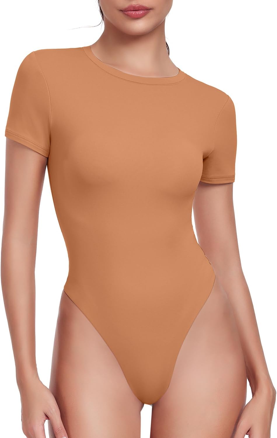 HeyNuts Women's Double Layer Short Sleeve Crew Neck Thong T-Shirts Bodysuit, Ult...