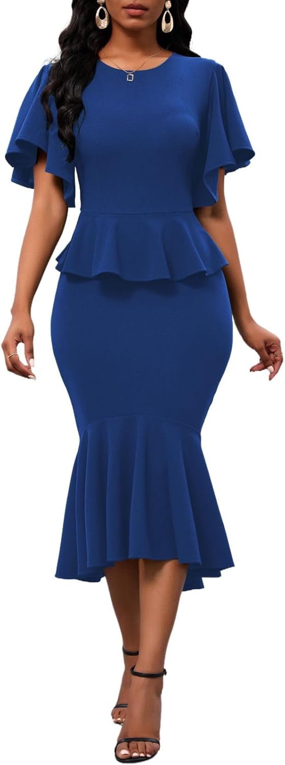 Womens Summer Ruffle Short Sleeve Fishtail Dress Evening Cocktail Formal Peplum...