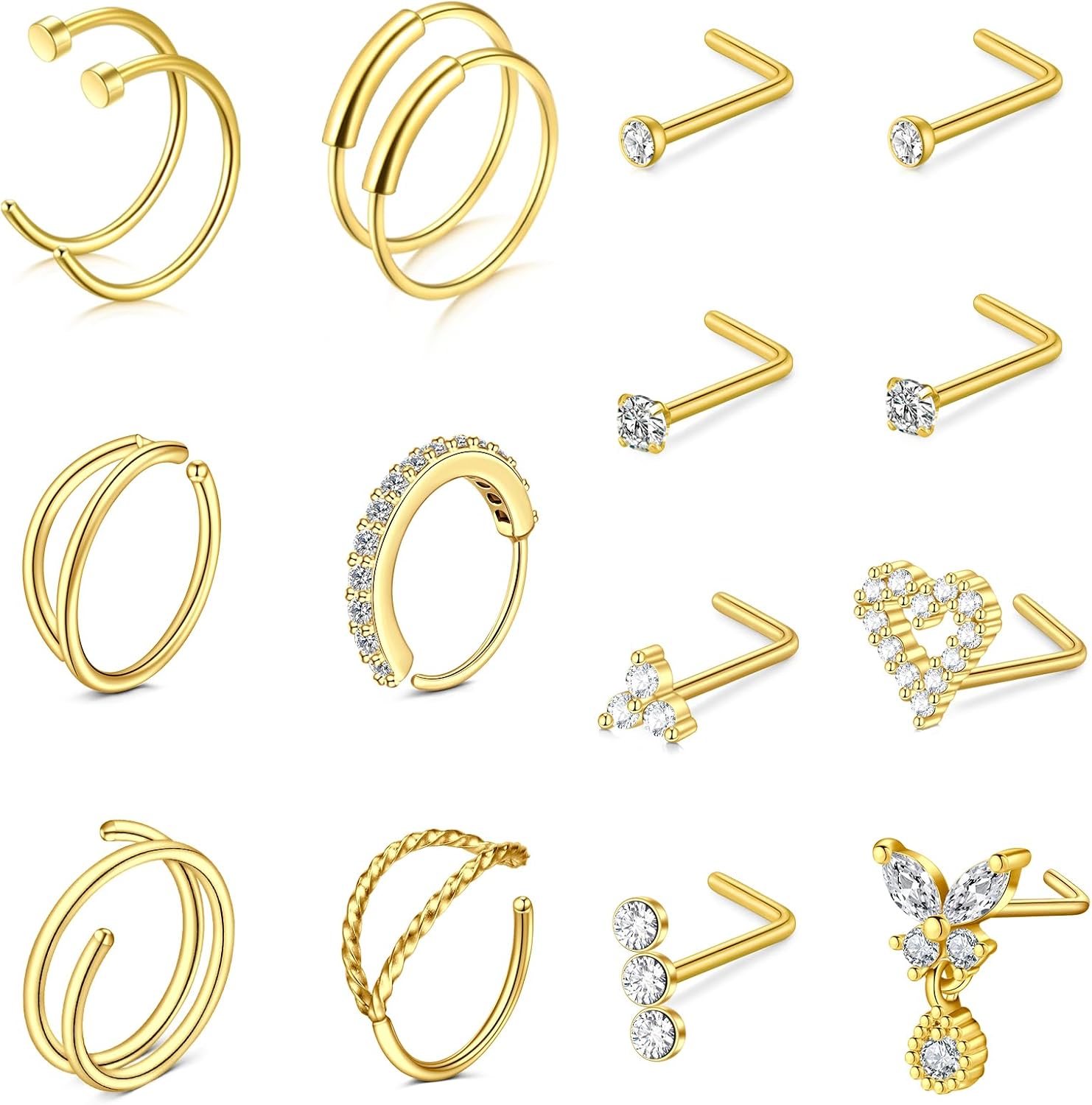 Rajnard 18PCS 316L Surgical Steel Nose Ring Studs 20G 8mm 7mm Silver Gold L-shap...
