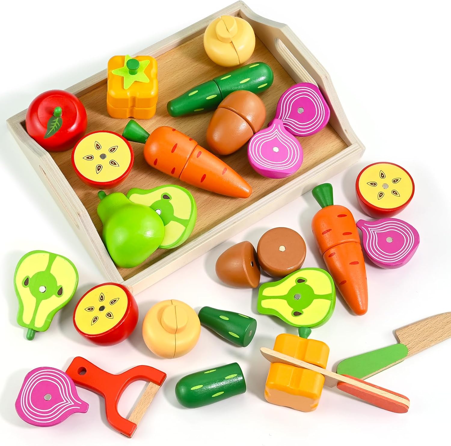 Wooden Fruit and Vegetables for Children, Wooden Food Toys Cutting Pretend Toy,...