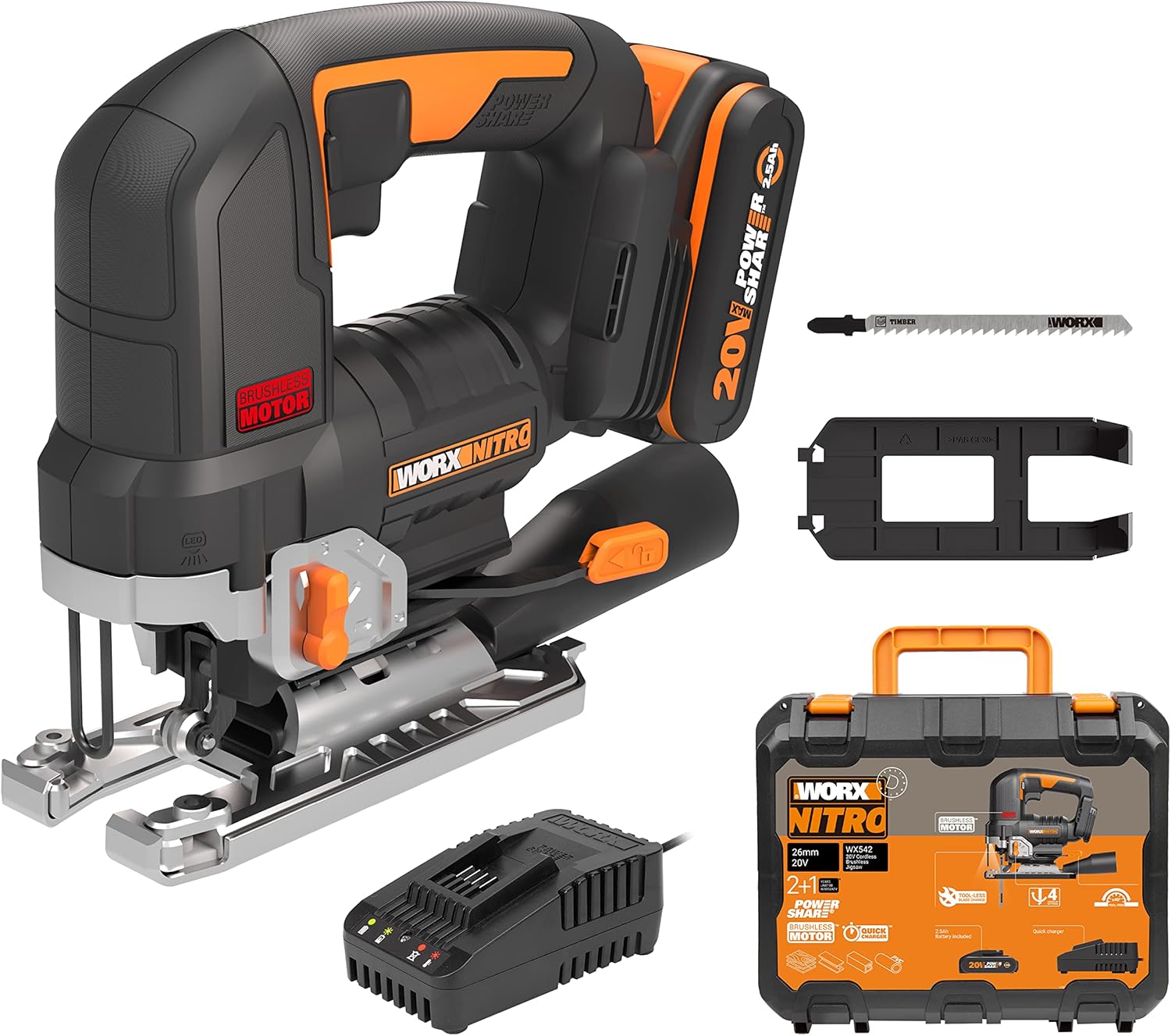 WORX NITRO 18V(20V Max) Cordless Brushless Jigsaw WX542 Jig Saw, 3500spm, Maximu...
