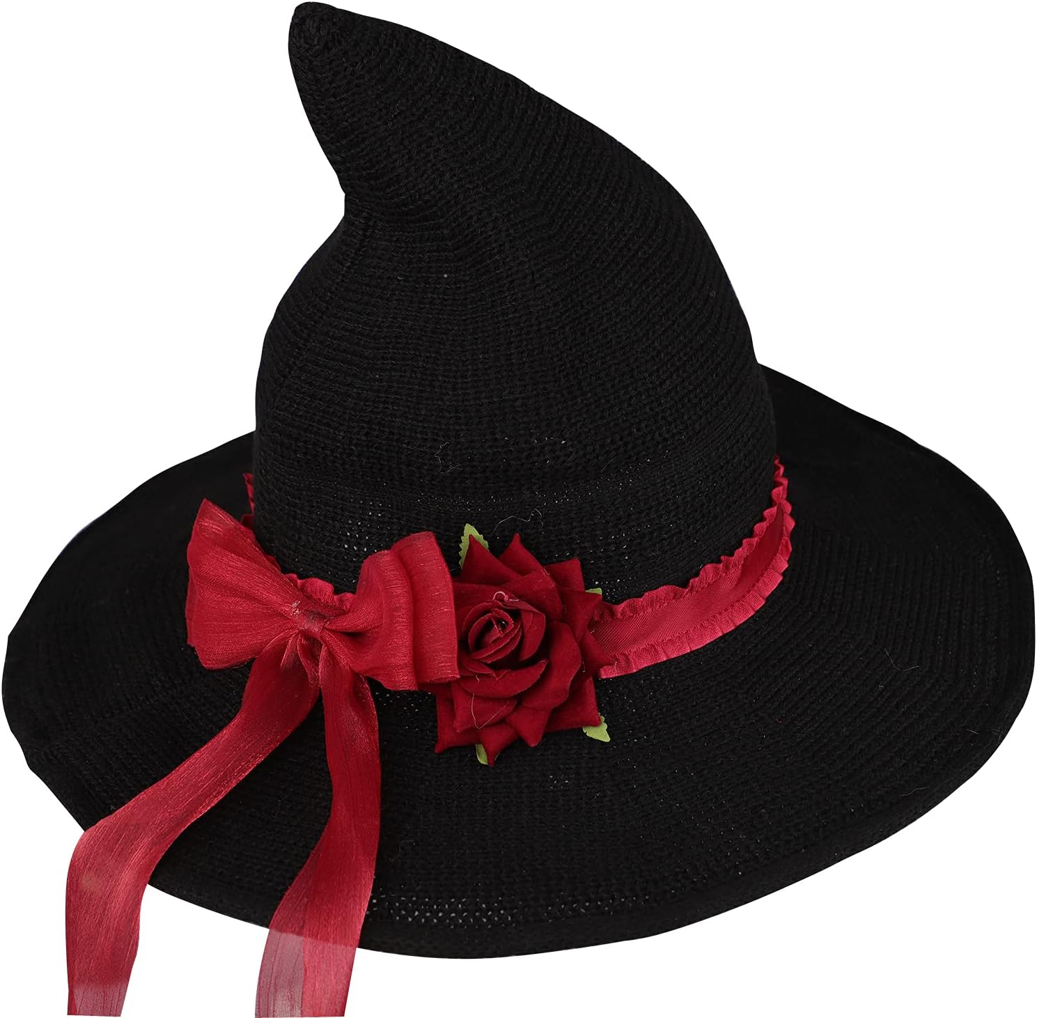 Halloween Witch Hat with Gothic Rose Bow Shapeable Brim Women Halloween Wool Kni...