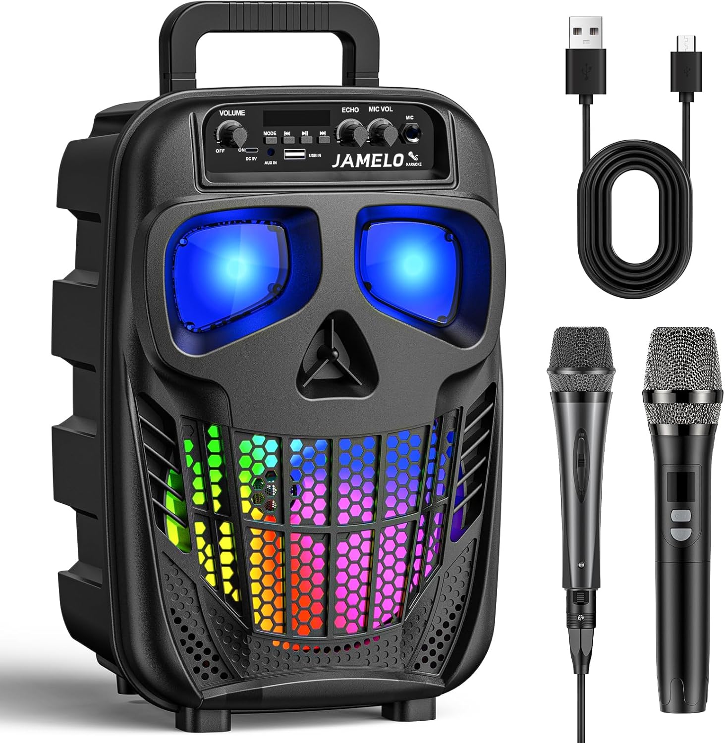 JAMELO Portable Karaoke System with 2 Microphones, Rechargeable Karaoke Machine...
