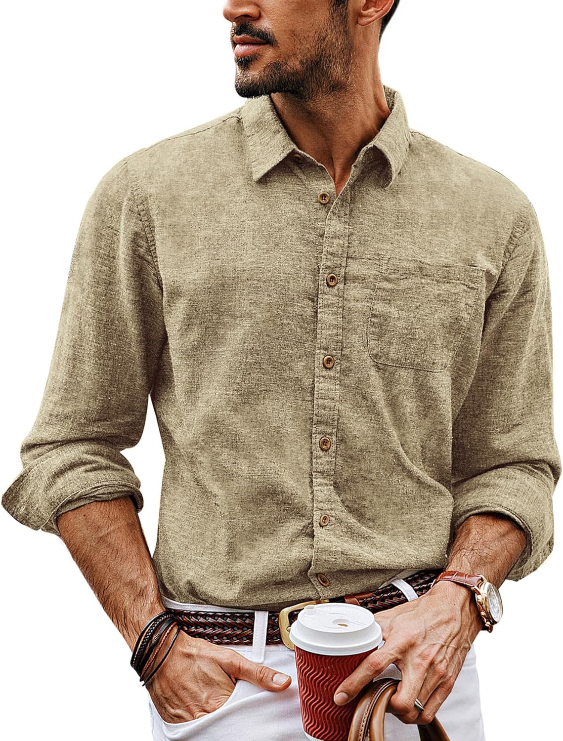 PJ PAUL JONES Mens Shirts Long Sleeve Linen Shirt Smart Casual Cotton Shirts But...