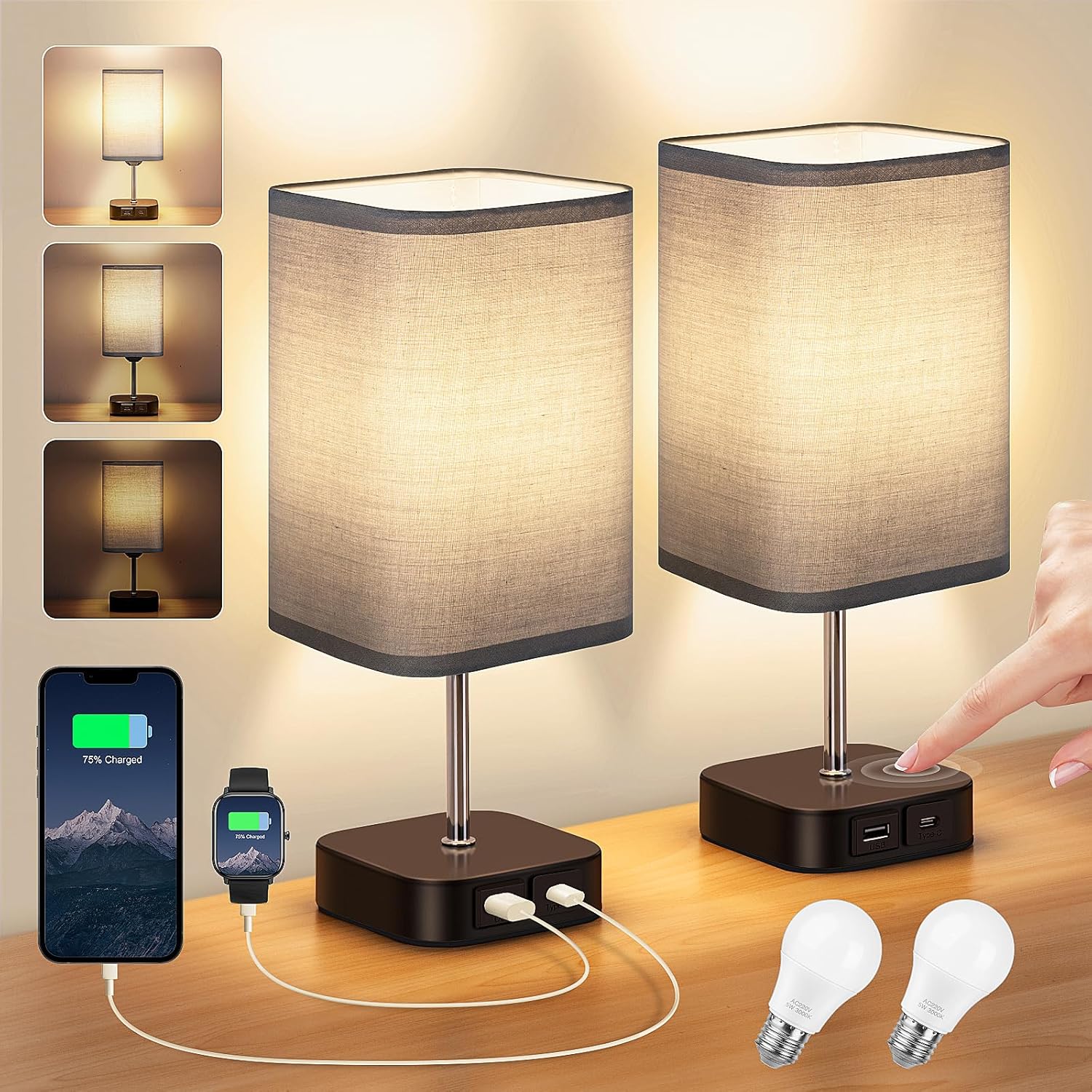 Bedside Lamps Set of 2 - Touch Lamps with USB-C+A Charging Ports, 3-Way Dimmable...