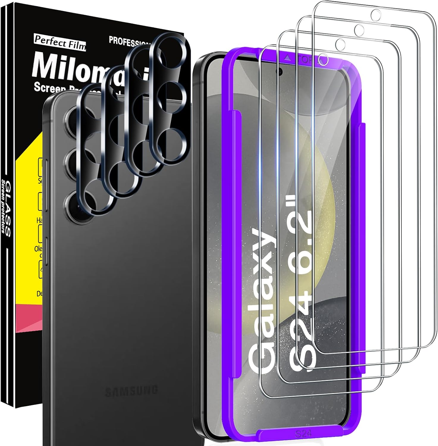 Milomdoi 4 Pack Screen Protector for Samsung Galaxy S24 with 4 Pack Tempered Gla...