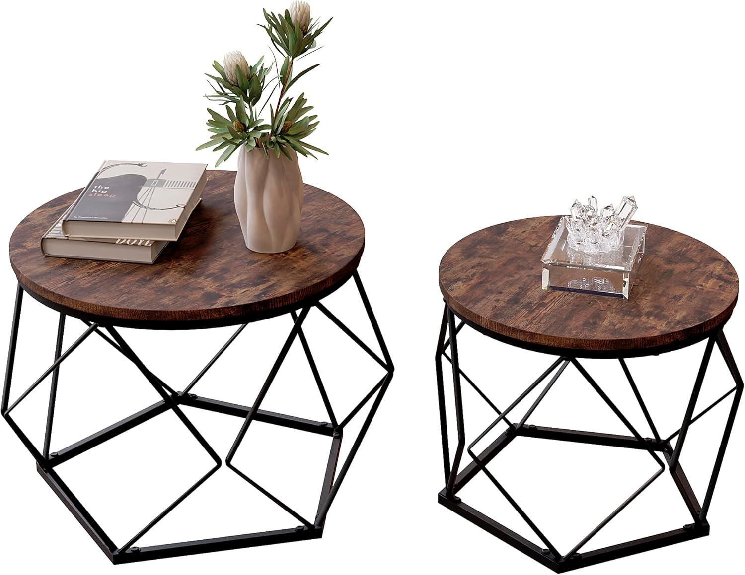 Vida Designs Brooklyn Round Coffee Tables, Set of 2 Side Tables, Modern Steel Fr...