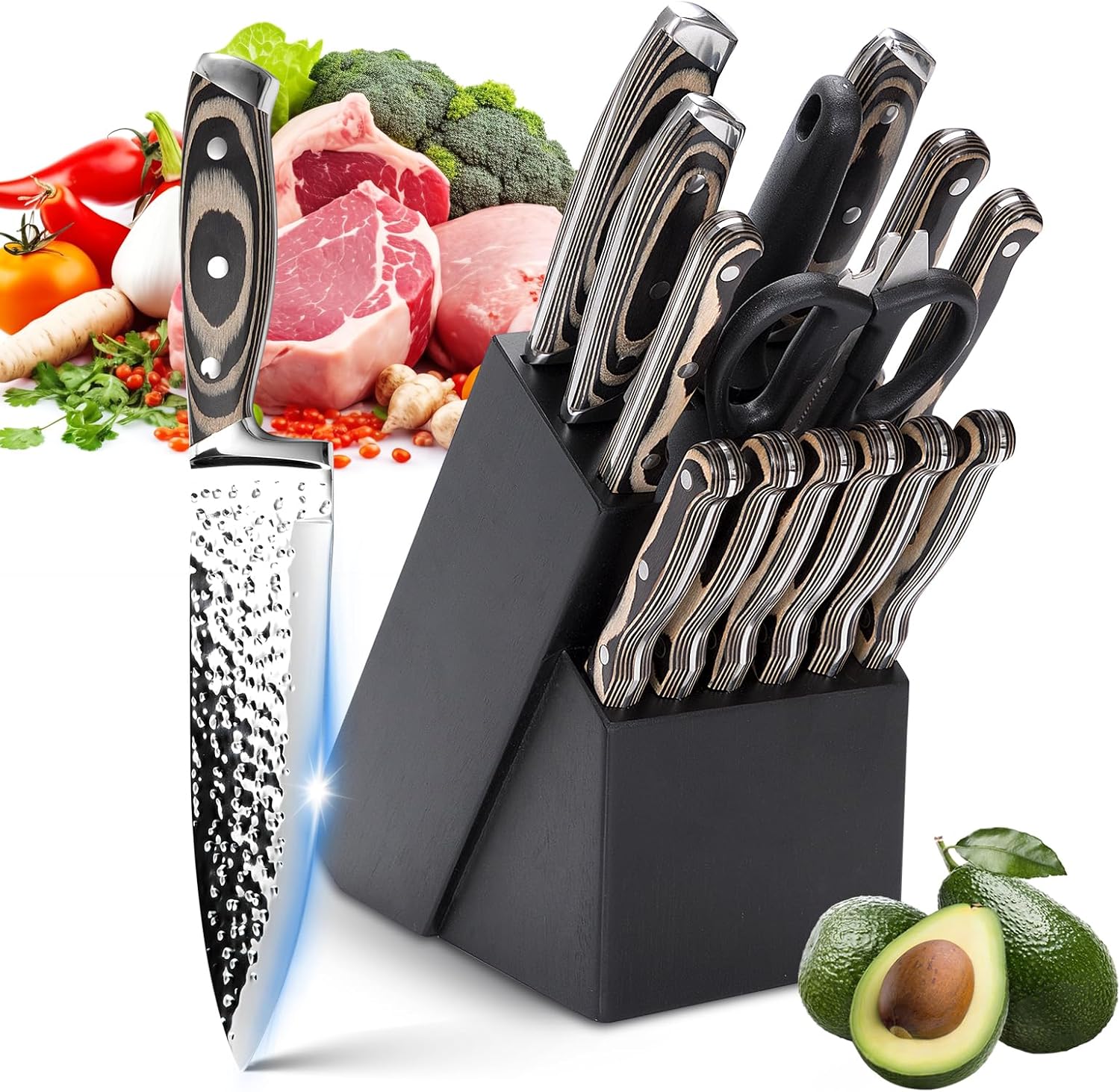 15-Piece Chef Knife Sets with Sharpener, Kitchen Knife Sets with Wood Block, Hig...