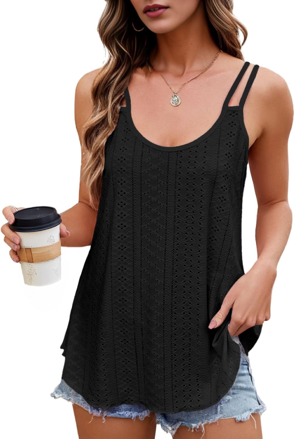 PrinStory Women's Vests Summer Ladies Vest Tops Loose Fit Casual Shirts Eyelet E...