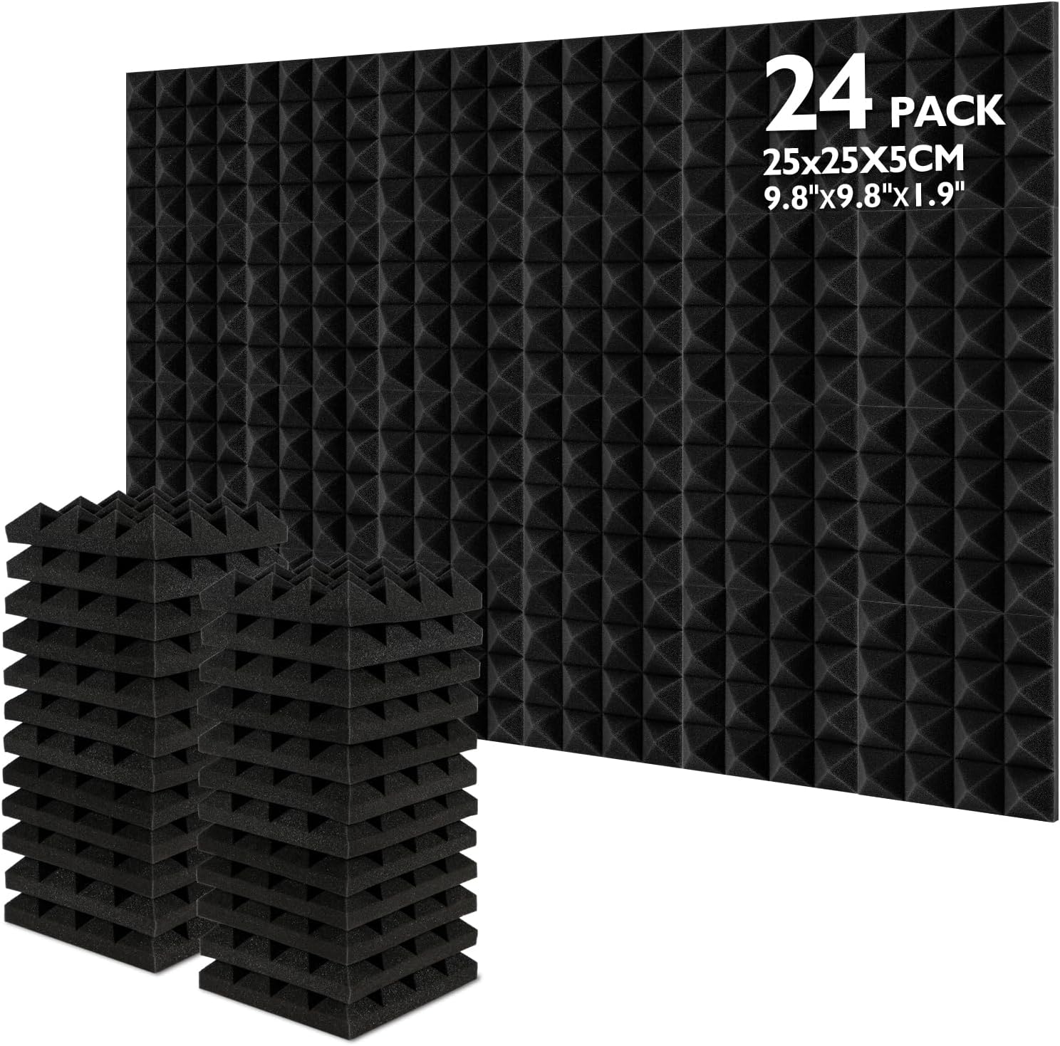 AGPtEK Acoustic Foam Tiles, 24 Packs Soundproof Studio Foams 25x25x5CM Black Pyr...