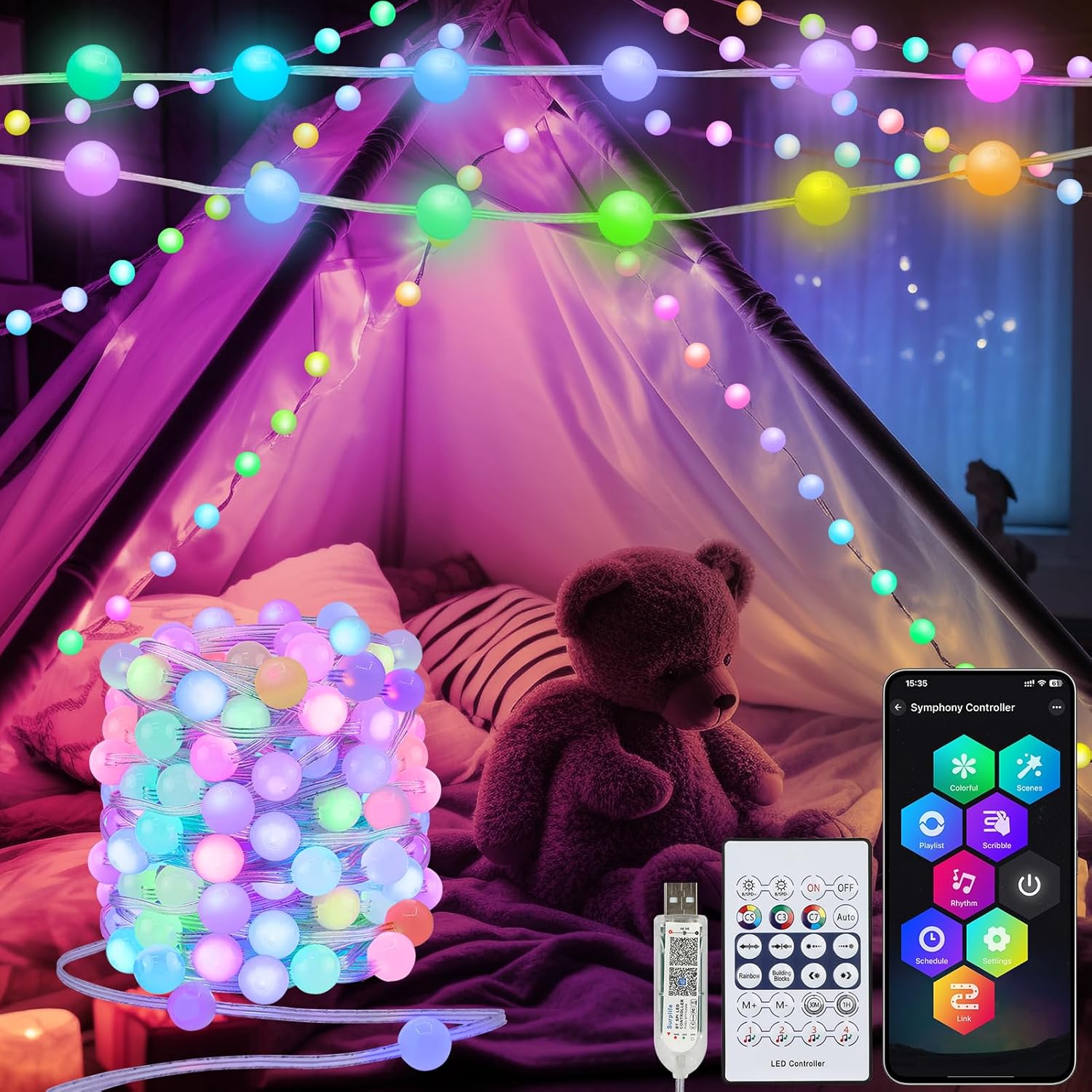 echosari Smart Global Fairy Lights USB, 10M RGB Built-in-chip Dreamy Global Stri...