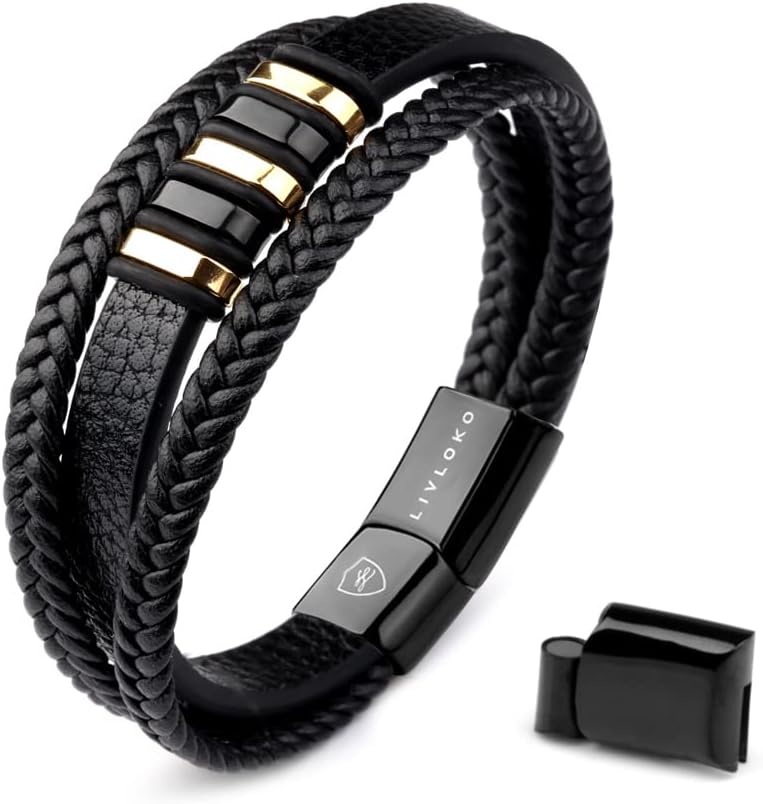 LIVLOKO Mens Bracelet Leather Black Multi-Layer Bracelet for Men Magnetic Clasp...