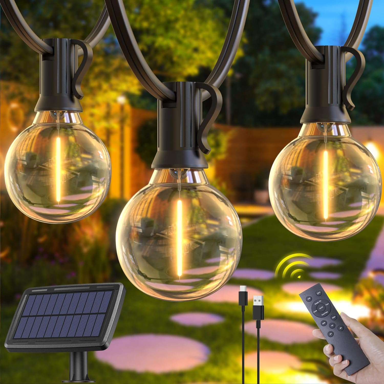 Elegear Solar Festoon Lights Outdoor with Remote+Timer, Dimmable Solar String Li...
