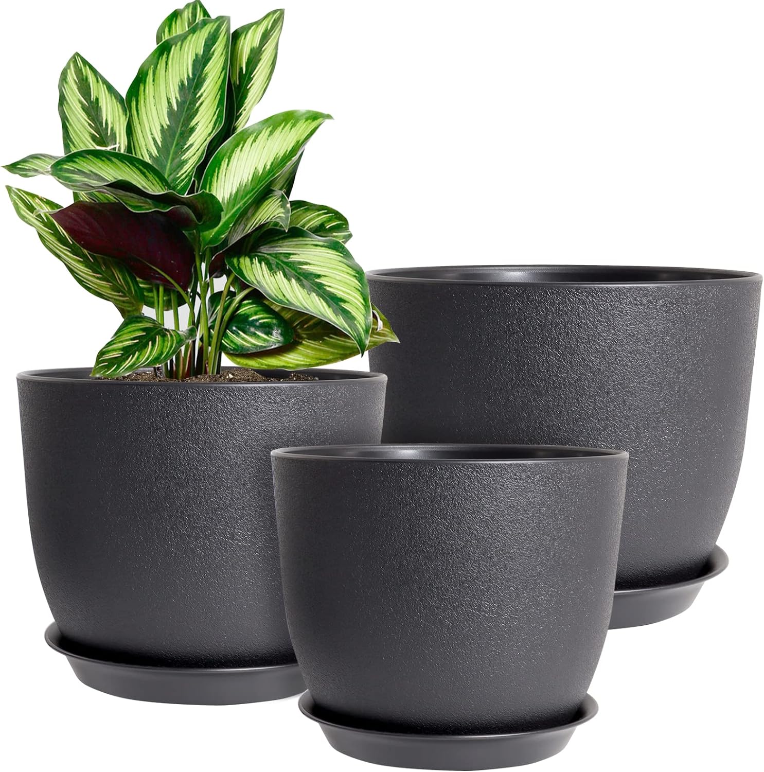 Plant Pots 10/9/8 inch, Set of 3 Modern Decorative Plastic Planters with Drainag...