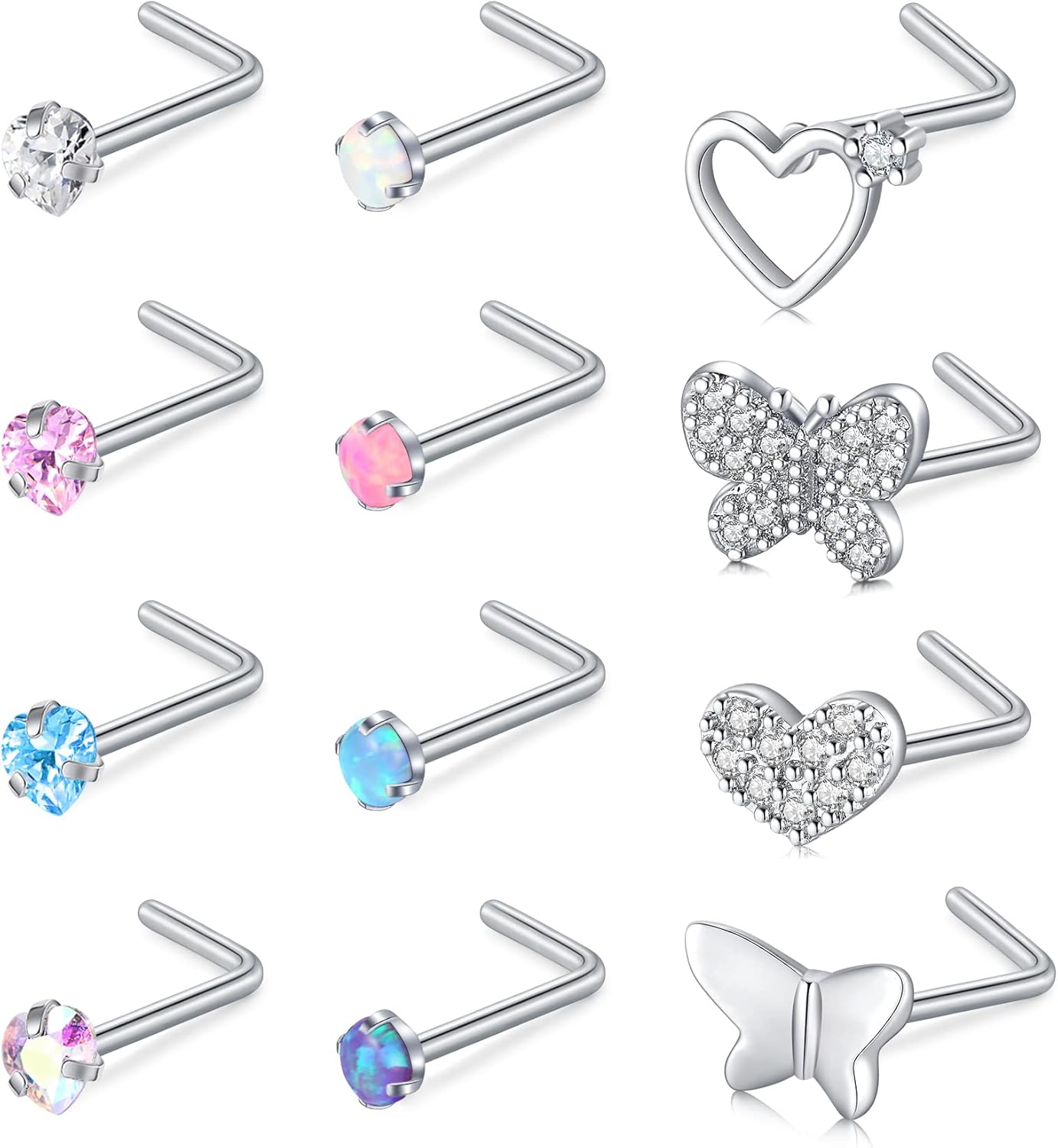 VFUN 20G Nose Stud Ring Stainless Steel Diamond CZ Heart L Shaped Nose Rings for...