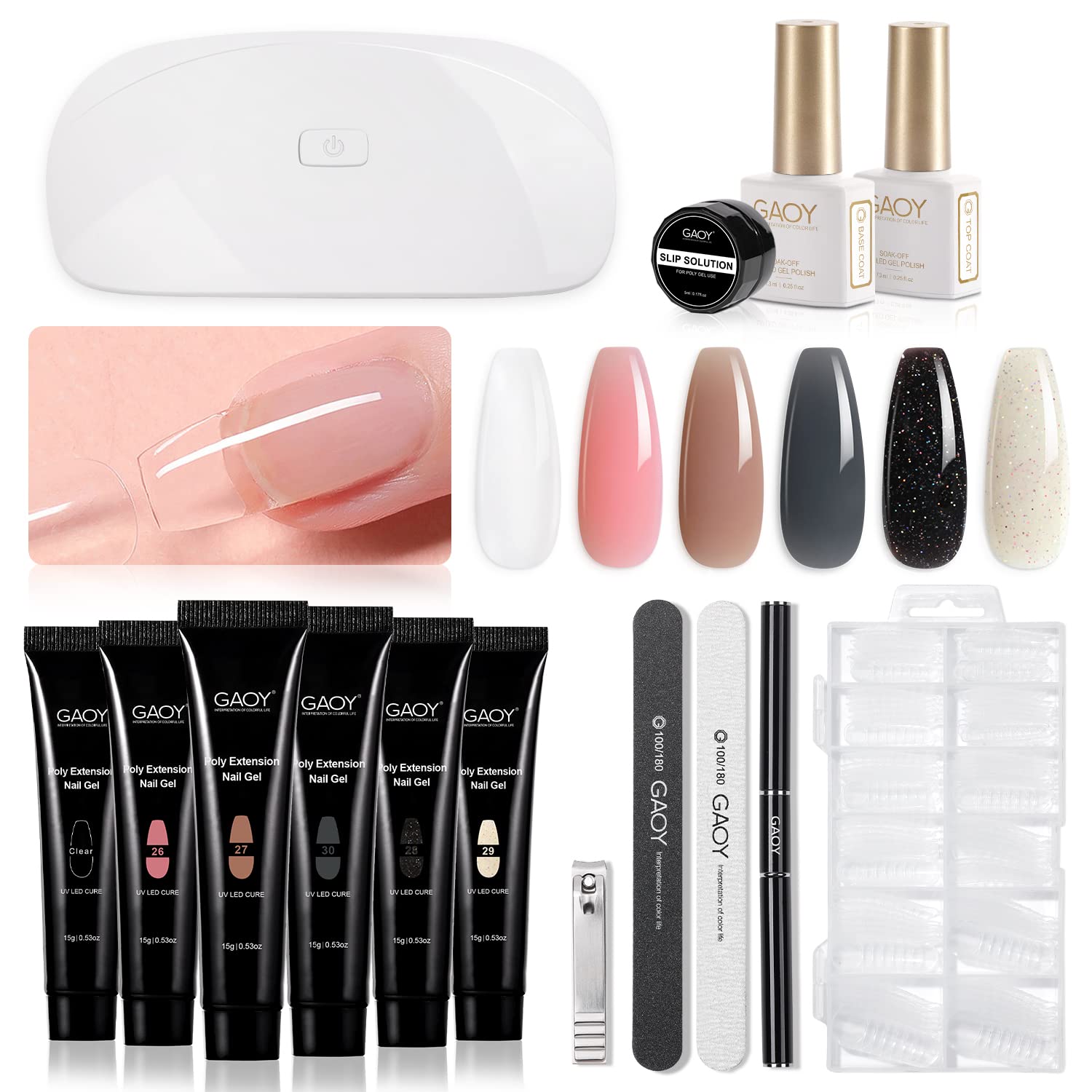 GAOY Poly Gel Nail Kit with U V Light Starter Kit, 6 Colors Nude Pink Black Buil...