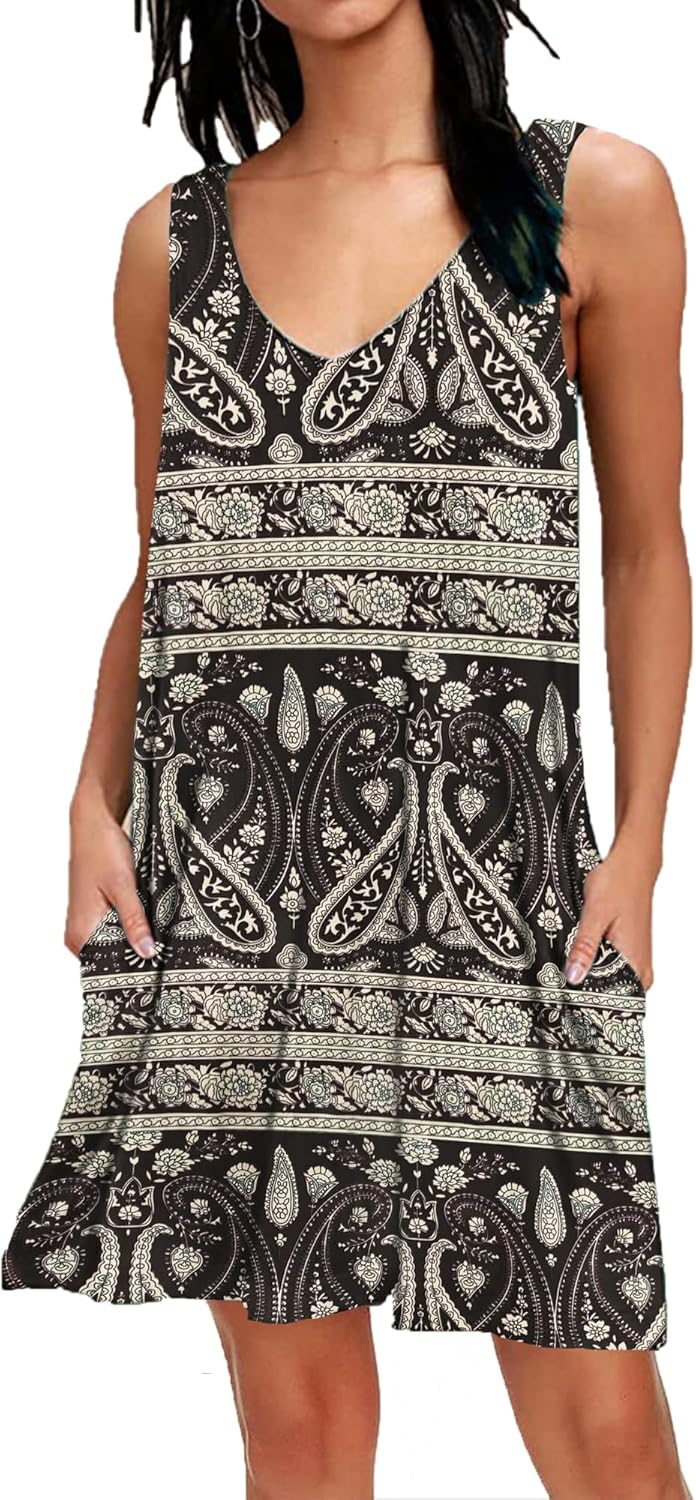 AUSELILY Women's Summer Casual Swing Sleeveless V Neck T-Shirt Dresses with Pock...