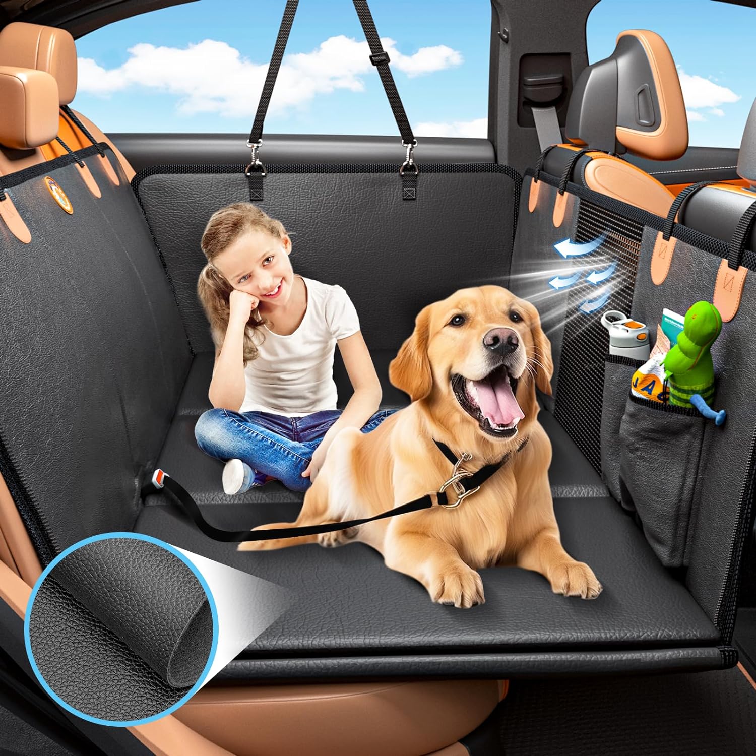 Back Seat Extender for Dogs - Waterproof Dog Car Seat Cover for Back Seat with H...