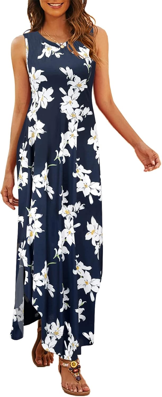 Hount Women's Casual Summer Sleeveless Dress Loose Split Maxi Dresses with Pocke...