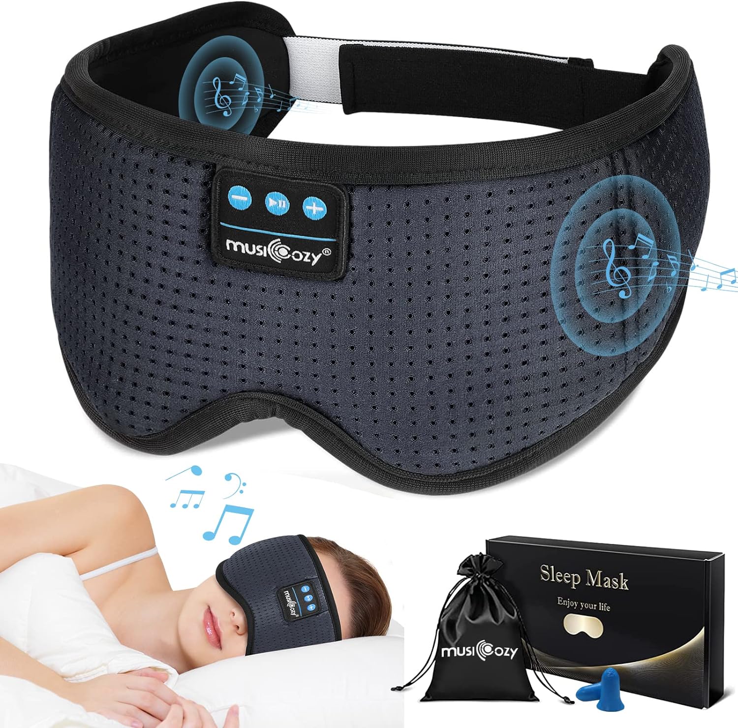 MUSICOZY White Noise Bluetooth Sleep Headphones, Bluetooth Sleep Mask 3D Wireles...