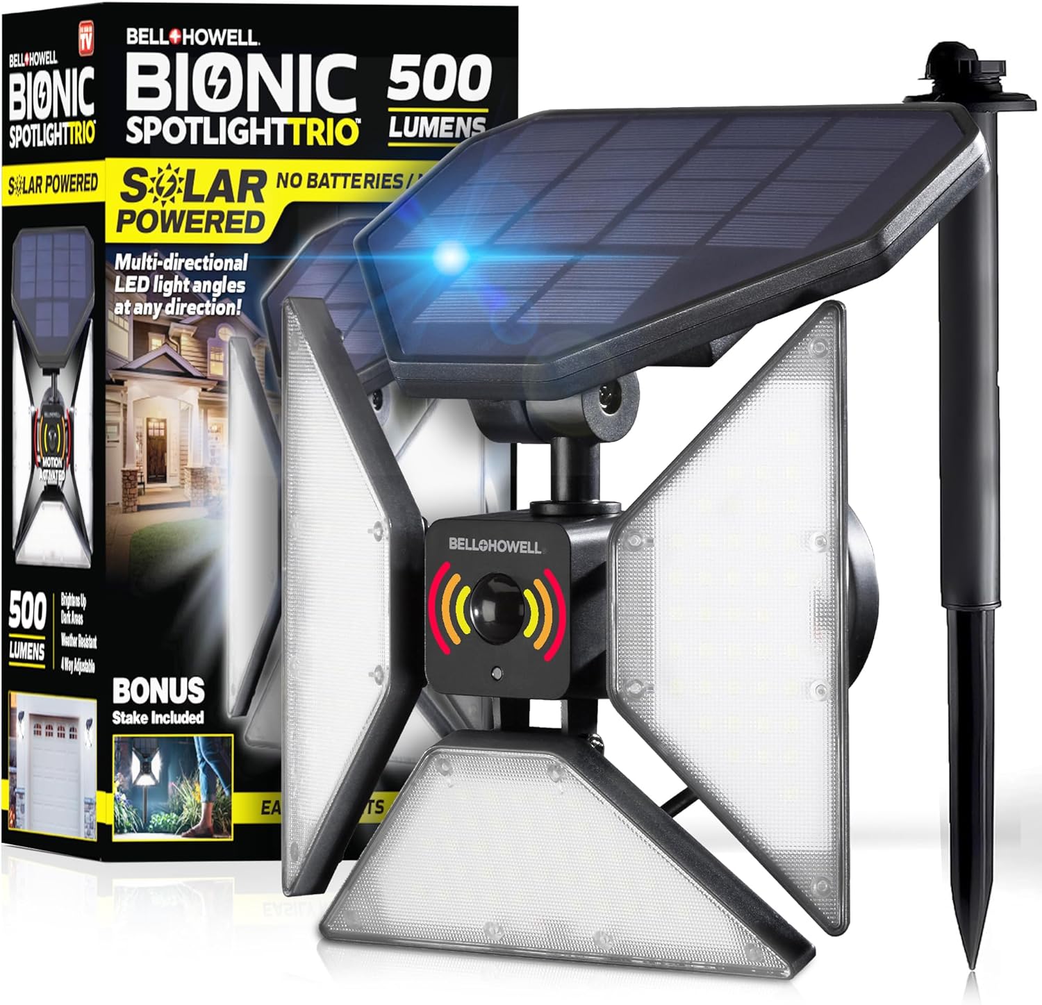 Bell+Howell Bionic Spotlight Motion Sensor Outdoor Lights, 500 Lumens Solar Moti...