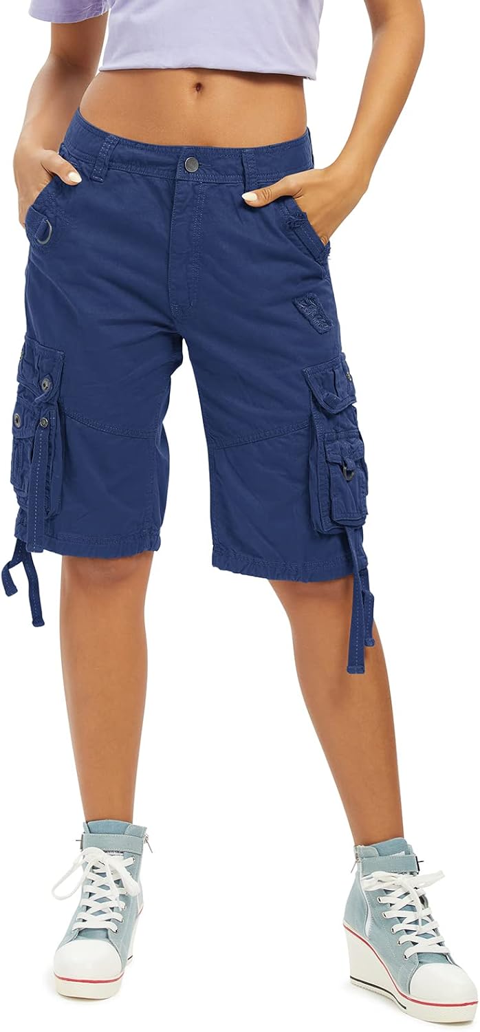Aeslech Women's Loose Fit Cargo Shorts Cotton Casual Summer Bermuda Shorts with...