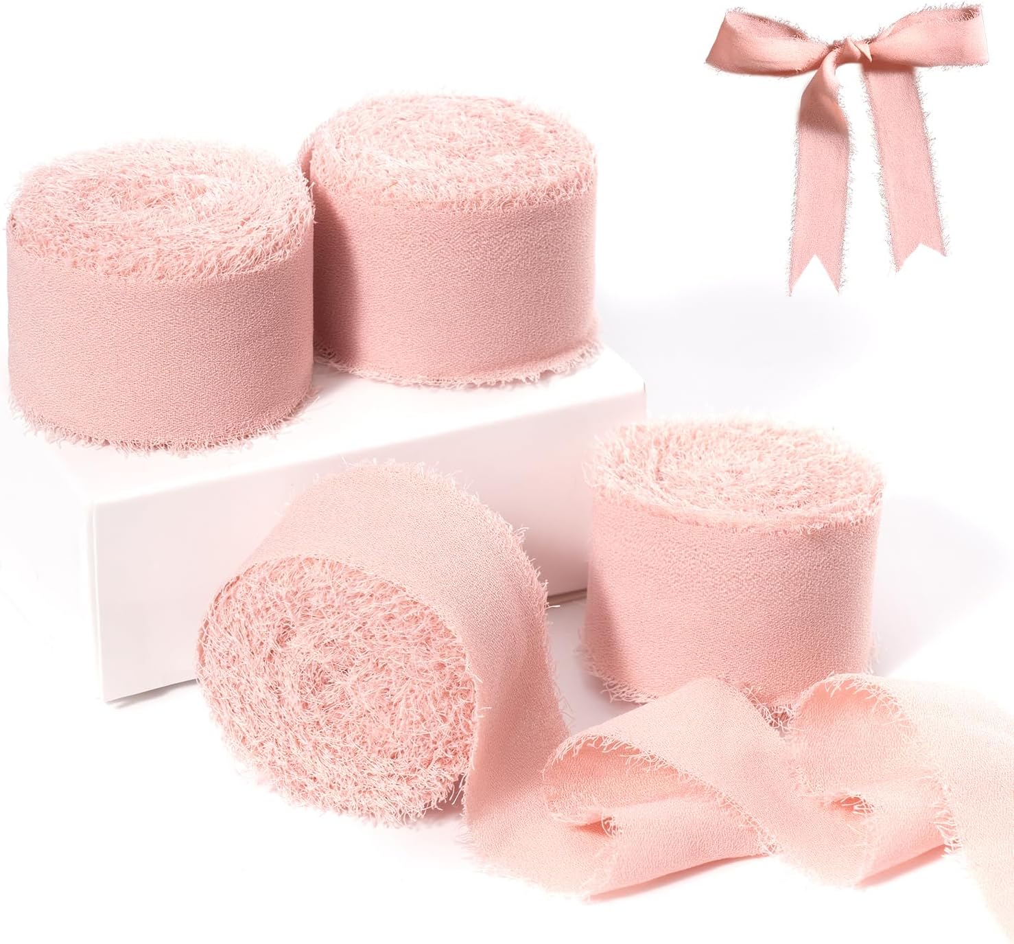 FAKILO Handmade Fringe Chiffon Ribbon 4 Rolls 1'' X 5 Yd Blush Pink Ribbon, 20 Y...