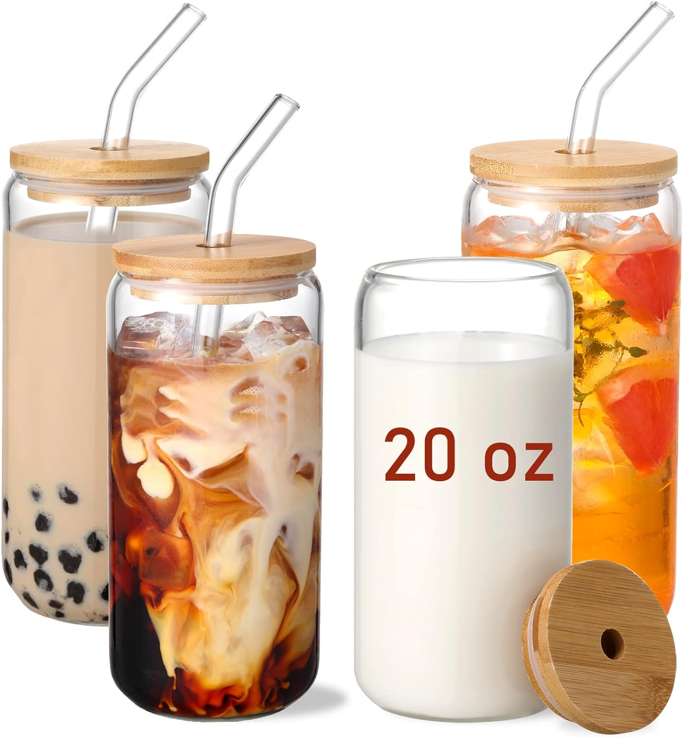 VITEVER 20 OZ Glass Cups with Bamboo Lids and Glass Straw - 4pcs Set Beer Can Sh...