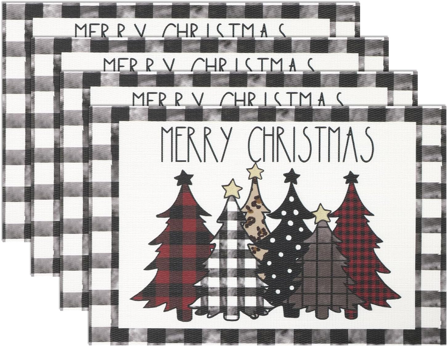 U'Artlines Waterclor Buffalo Plaid Christmas Trees Placemats Set of 4, Vinyl Non...
