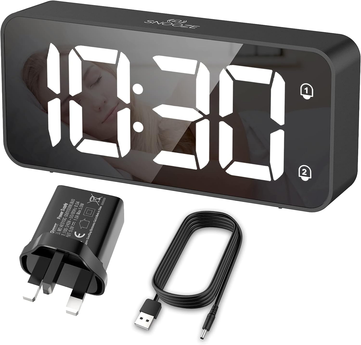 HERMIC Alarm Clock Bedside Mains Powered Large Digital Led Display, Brightness D...