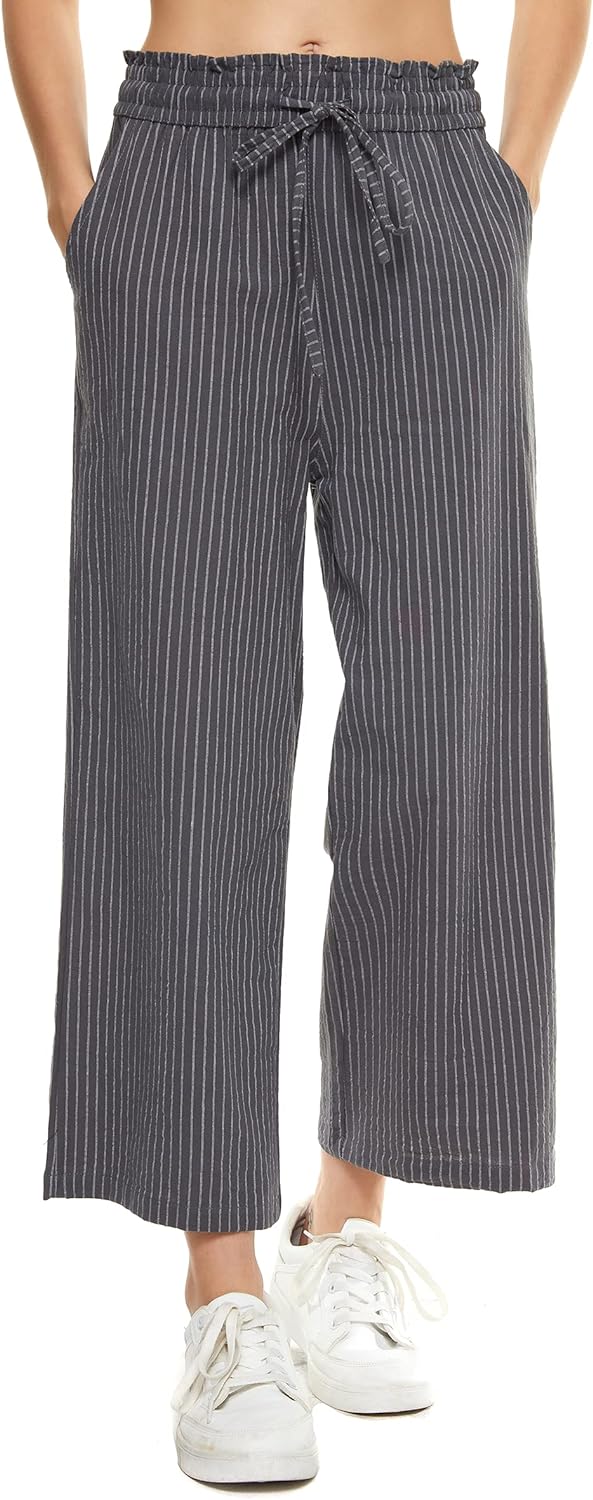 LNX Womens Linen Pants High Waisted Wide Leg Drawstring Casual Loose Trousers wi...