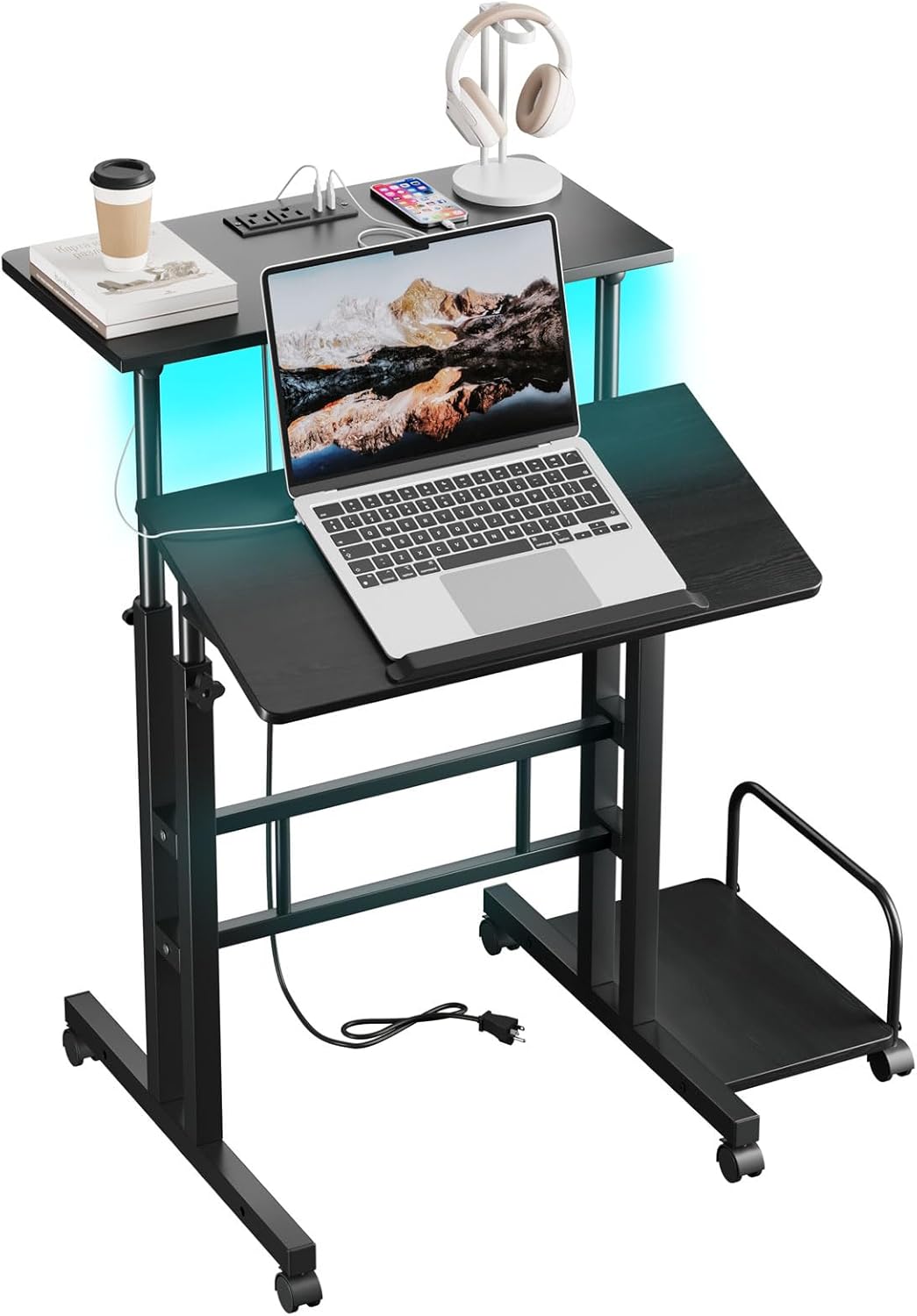 Dripex Mobile Standing Desk with Power Outlets & Strip Lights Rolling Computer D...
