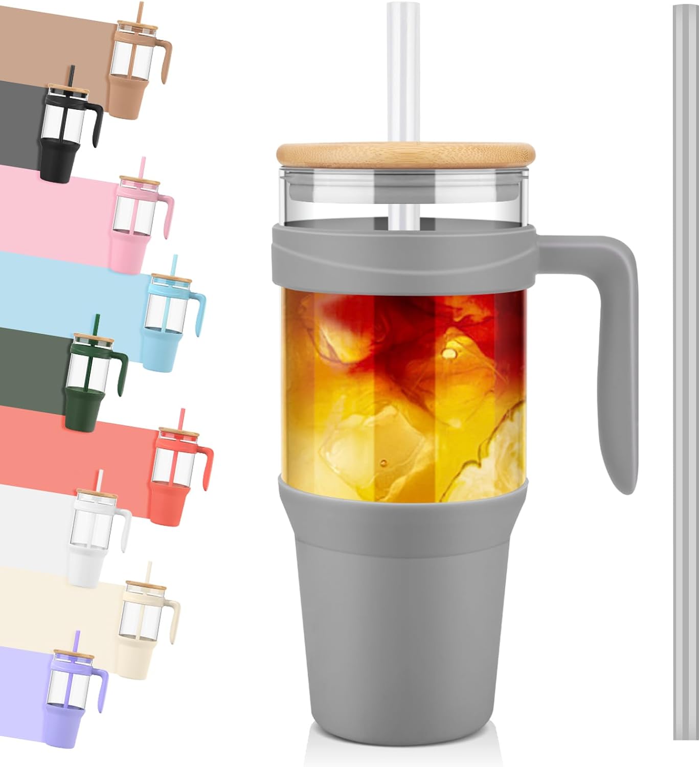 Tronco 40 oz Glass Tumbler with handle, Reusable Glass Tumbler with Straw and Li...