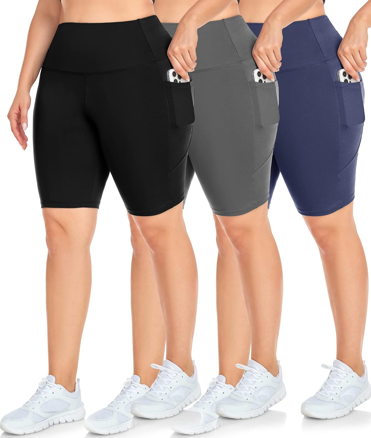NEW YOUNG 3 Pack Plus Size Biker Shorts with Pockets for Women-High Waisted 8" Y...