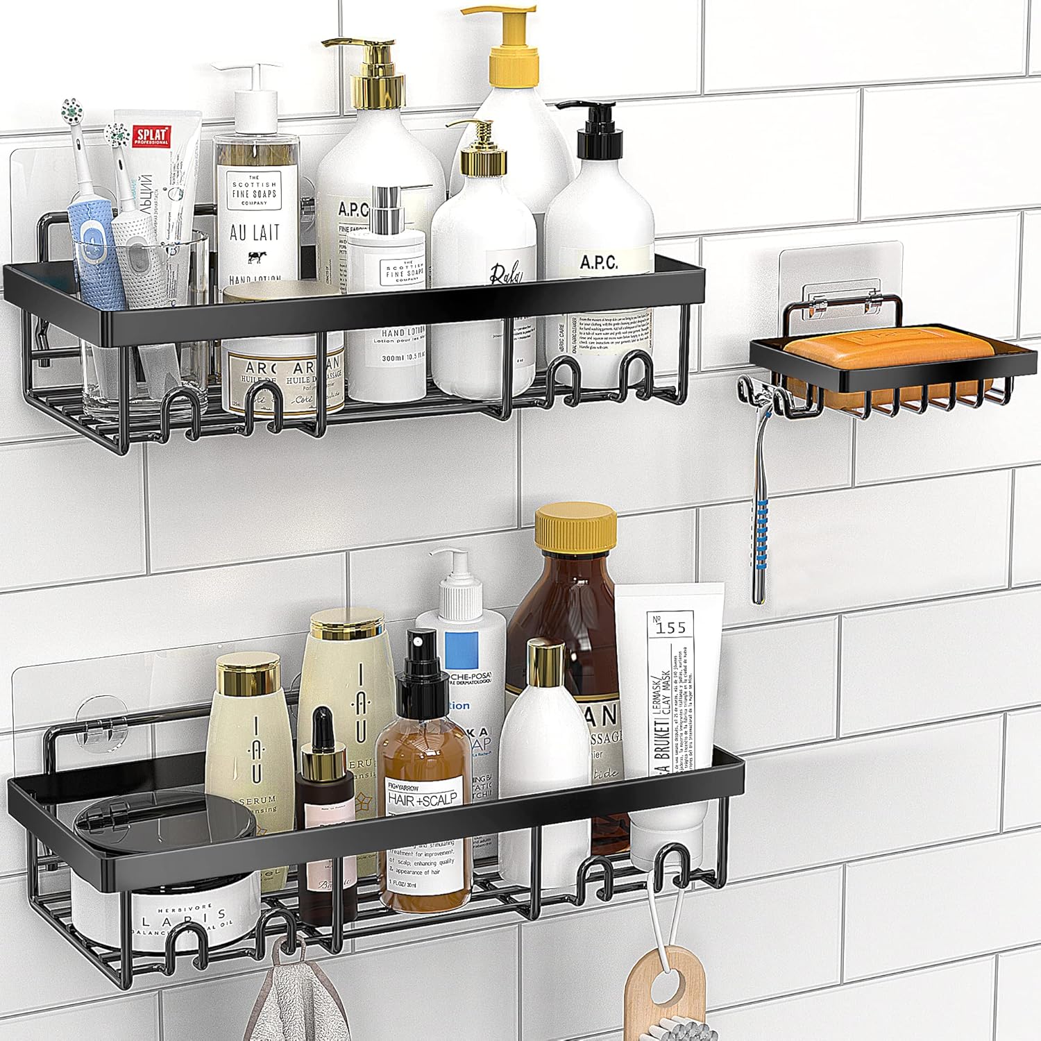 DIFULI Shower Caddy Shelf Organiser 3 Pack with Soap Holder, No Drill Black Show...